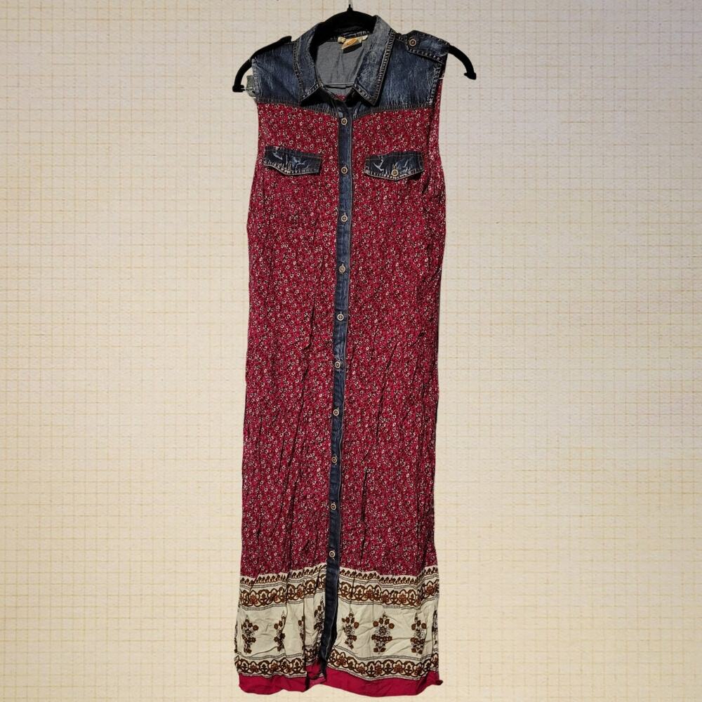 Boho Sleeveless Floral Maxi Dress with Denim Trim High Slits Size M Sleveless